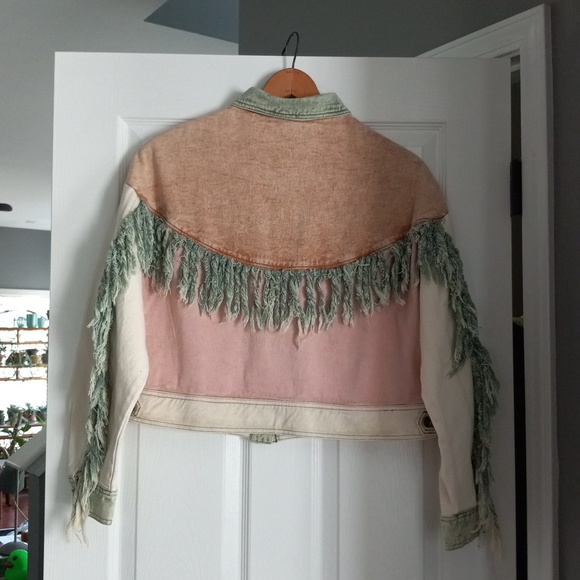 OLI & HALI Womens Pink & Cream Fringe Trim Denim Jacket - Picture 2 of 5